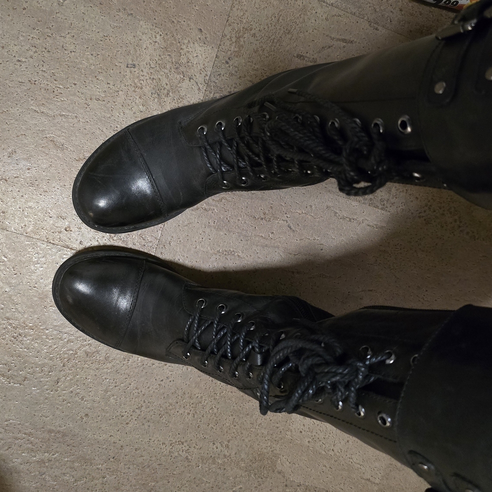 Women's Black Leather Moto Lace-Up Boots